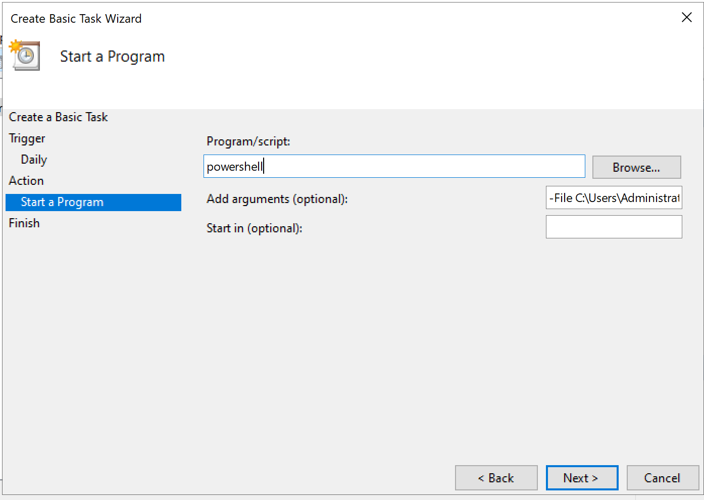 Windows Scheduler configure action