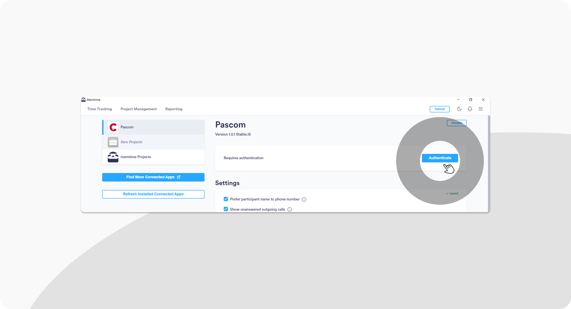 Authenticate pascom in Memtime