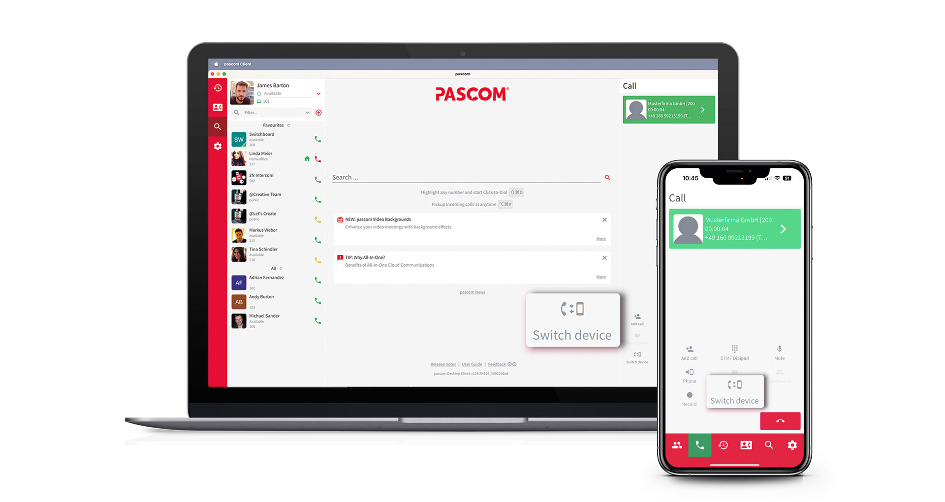 pascom Call Flip feature for desktop and mobile VoIP apps